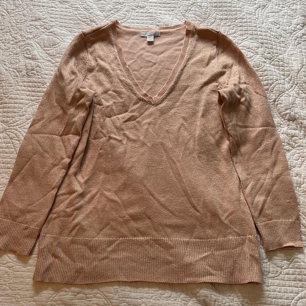 Blush colored sweater with rose gold shimmer throughout fabric